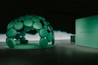 The immersive interior and geodesic installation at the SKYLRK NYC Pop-Up, AI generated