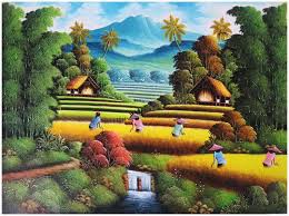 Gambar Lukisan Pemandangan Sawah Padi Pemandangan Lukisan Lanskap Lukisan