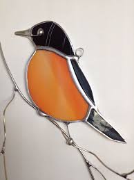 Bird With Orange Belly And Black Wings Favorite Backyard Bird American Robin On 3 D Branch Stained Glass Sun Catcher Stained Glass Birds