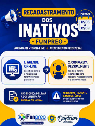 📢 ATENÇÃO, SERVIDORES DE OURICURI! Começou nesta quarta-feira (12) o recadastramento obrigatório dos servidores públicos municipais efetivos, estáveis, ativos, inativos e cedidos. O procedimento segue até 12 de setembro. 💻 A grande