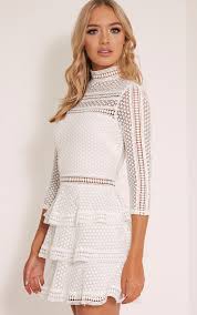 Caya White Lace Panel Tiered Mini Dress Dresses Prettylittlething Ie Prettylittlething Com Mini Dress Dresses Pretty Dresses