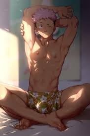 shiba yuuji, itadori yuuji, jujutsu kaisen, absurdres, highres, 1boy, abs,  armpits, arms up, black hair, blush, boxer briefs, brown eyes, bulge,  crossed legs, facial mark, floral print, looking at viewer, male focus,