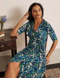 Nos robes pour femmes se. Robe Portefeuille Lavinia En Jersey Noir Palmier Tropical Boden Fr
