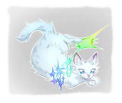 kitty (fernwhisker), the prophecies begin, commentary, english commentary,  highres, :3, animal, animal focus, blue eyes, cat, looking at viewer,  lying, no humans, snowfur, solo, star (symbol), tail, warrior cats, white  cat -
