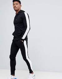 Asos Design Tracksuit Muscle Hoodie Extreme Super Skinny Sweatpants With White Side Stripe In Black Tracksuit Black Tracksuit Skinny Joggers