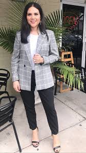 Black And White Plaid Cropped Blazer Plaid Blazer Outfit Ideas Fall White T Black Cropped Slacks Minimal Heels Strap H M Mommy Style Plaid Blazer Outfit Slacks Outfit White Slacks