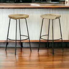 HomeRoots 30.5 in. Natural Backless Metal Bar Chair with Wood Seat Set of 2 2000516200 - The Home Depot