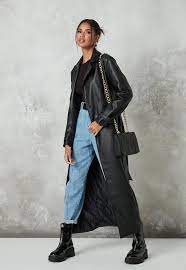 Missguided Black Faux Leather Belted Trench Coat Leather Coat Outfit Black Leather Jacket Outfit Winter Jacket Outfits