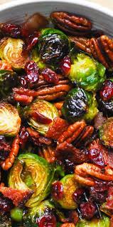 Christmas Side Dish Roasted Brussels Sprouts With Bacon Toasted Pecans And Dried Cranberries Veggie Dishes Vegetable Side Dishes Healthy Recipes