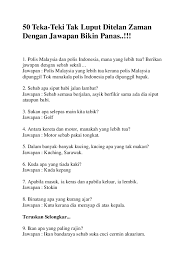 Aplikasi permainan teka teki 2 ini menguji kecekapan dan kepintaran anda untuk mencari jawapan berdasarkan soalan yang diberi. Doc 50 Teka Teki Tak Luput Ditelan Zaman Dengan Jawapan Bikin Panas Emma Azlina Academia Edu