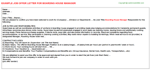 Please note that the financials in this complete free business plan are completely fictitious and may not match the text of the business plan below. Boarding House Manager Offer Letter