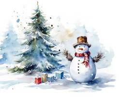 雪だるまとクリスマスツリーが描かれたイラストの画像