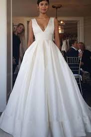 Elegant Straps V Neck Ball Gown Ivory Satin Backless Wedding Dresses With Pockets W1089 Backless Wedding Dress Ball Gown Wedding Dress V Neck Wedding Dress