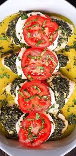 Chicken Bake With Basil Pesto Tomatoes And Mozzarella In 2020 Basil Pesto Yum Yum Chicken Savoury Food