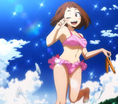 uraraka ochako, boku no hero academia, anime screenshot, highres, stitched,  third-party edit, barefoot, beach, bikini, blue sky, brown eyes, brown  hair, feet, flip-flops, frilled bikini, frills, one eye closed, sandals,  sky, sprinkles,