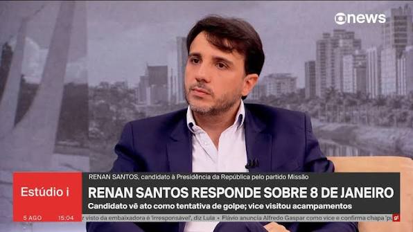 Renan Santos responde sobre 8/1 e diz que seu vice 'se arrependeu' de  visitar acampamentos em frente a quartéis., ➡ #Estúdioi - de segunda a  sexta, às 13h, na #GloboNews. Assista na TV e no @globoplay ...