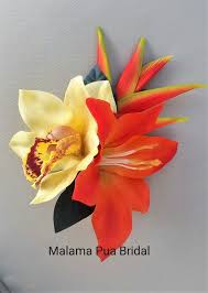 Tropical Bird With Hair On Head Tropical Hair Clip Hawaiian Orchid Lily Hair Piece Flower Headpiece Wedding Wedding Hair Head Piece Flower Headpiece