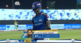 Suryakumar yadav walks off after sacrificing his wicket for his skipper rohit sharma. M01 Mi Vs Csk Suryakumar Yadav Wicket
