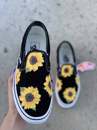 Black And White Checkered Vans With Sunflowers Sunflower Black Slip On Custom Vans Shoes Custom Shoes Summer Shoes