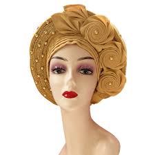 Gele Headtie Nigeriano Já Feito para Mulher, Aso Oke Dourado, Grânulos  Dourados, Gele Automático, Ebi Headtie, Boné de Turbante Africano