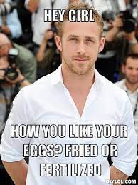 An efficient pick up line to filter out millennials. Hey Girl How You Like Your Eggs Fried Or Fertilized Ryan Gosling Meme Hey Girl Ryan Gosling Hey Girl
