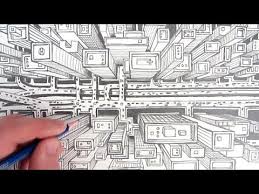 Birds Eye View Cityscape Drawing How To Draw A City Using One Point Perspective A Bird S Eye View Youtube Perspective Art One Point Perspective City Drawing