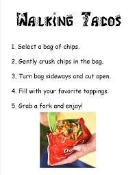 Graduation party walking taco bar. Directions For A Walking Taco Bar Print This Out And Place In A Frame Walking Taco Bar Walking Tacos Taco Bar
