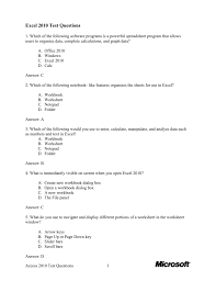 Excel 2010 Test Questions 1 Which Of The Following