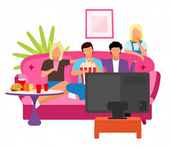 Friends Together Watching Movie Flat Illustration Guys And Girls Spending Time Evening At Home With Tv Cartoon Friends And Company Cartoon Tv Guys And Girls