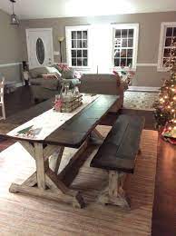 We love the modern farmhouse decor style for its blend of country style and modern comforts. Trestle Farmhouse Table Bench Set Jacobean Top And Distressed White Base W Farmhouse Style Dining Room Farmhouse Table With Bench Farmhouse Dining Room Table