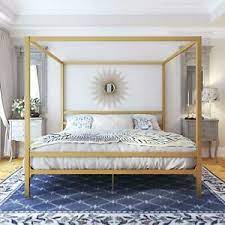 Gold canopy bed frame king. King Size Dark Gold Metal Canopy Bed Frame Headboard Modern Bedroom Furniture Ebay