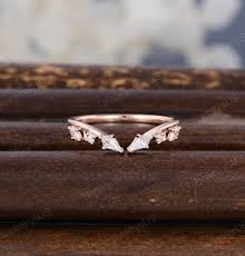 Vintage Rose gold Open ring Unique Kite cut Moissanite Curved wedding band  women Solid Gold Matching stack Bridal promise wedding ring gift