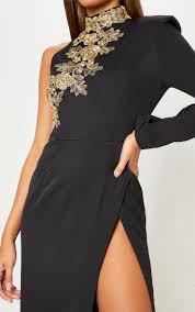 Black High Neck Asymmetric Embroidered Trim Maxi Dress Dresses Maxi Dress Sleves Dress