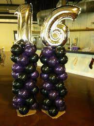 Purple Black And Gold Balloon Arch 16th Birthday Balloon Columns Topped With Large Gold Foil Numbers We Deliver Black And Gold Party Decorations Gold Party Decorations Black Party Decorations