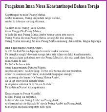 Yang dikandung dari roh kudus, lahir dari anak dara maria. Pengakuan Iman Nicea Konstantinopel Bahasa Toraja