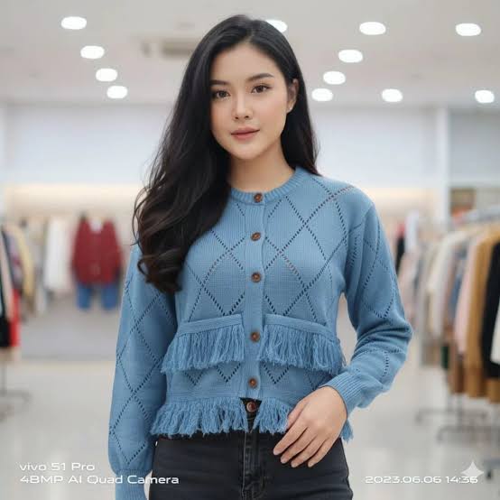 Atasan Rajut Wanita Korea Crop Cardigan dengan Detail Rawis Fringes
