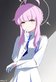 reia 76, kaya (blue archive), blue archive, highres, artist name, blue  necktie, doyagao, gloves, green eyes, grey background, halo, long hair,  necktie, pink hair, shirt, shoulder strap, skirt, smug, strap, two-tone  background,