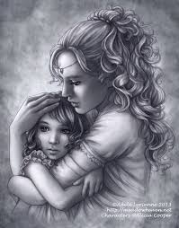 Young Aelin And Her Mother Art Grayscale Coloring Mothers Love