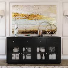 Buffets with glass doors are adaptable pieces that you can use throughout your home. Evanston Rustic Solid Wood Glass Door Black Large Buffet Cabinet