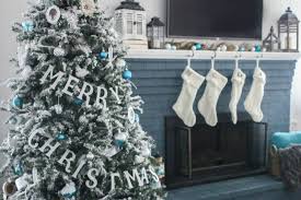 Elegant white christmas tree with blue decorations. Blue And White Christmas Home Tour Lovely Etc