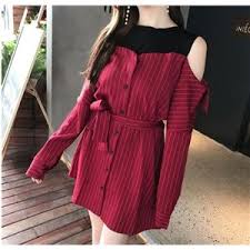 切り替えの偽二点ストライプオフショルダーシャツ ワンピース ファッション ファッションスタイル オフショルダー