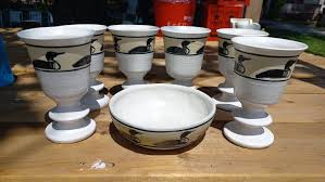 Canadian Potter Leishman 6 Loon Goblets With Bowl Signed