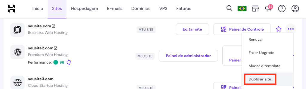 Painel da Hostinger para aprender como clonar página de vendas na Hostinger