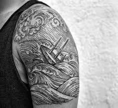 Black And White Ocean Sleeve Tattoo Designs Quarter Sleeve Woodcut Detailed Sinking Ship Mens Tattoo Ideas Wave Tattoo Sleeve Waves Tattoo Quarter Sleeve Tattoos