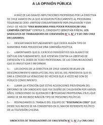 Check spelling or type a new query. Sindicatos De Trabajadores De Chilevision Y De Cnn Chile Defienden A Periodistas Rincon Y Matamala Acusados De Atacar A Sebastian Pinera Sindicato N 1 De Trabajadores Minera Escondida Ltda