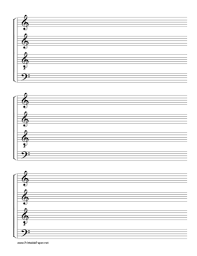 Blank sheet music in lead sheet format in bass clef with 7 large staves per page. Printable Staff Satb Vocal Score Music Paper