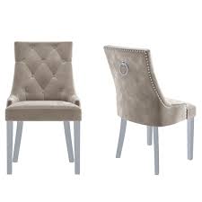 2 x light grey geometric velvet dining chairs with chrome legs and lion knocker. Grade A1 Pair Of Mink Knocker Chairs In Velvet With Chrome Legs Studs Jade Boutique Furniture123
