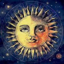 Celestial Antique Sun And Sky Watercolor Batik Dust Sun Vintage Antique Renaissance Medieval Woodcut Face Moon And Sun Painting Sun Art Sun Painting