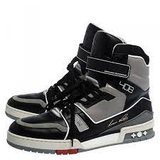 The trainers designed by louis vuitton are embellished with numerous symbols of the house, like the famous monogram and the check motif. Louis Vuitton Black Grey Leather Lv Trainer High Top Sneakers Size 43 Louis Vuitton Tlc