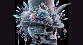 Glossy gold skull with roses and butterflies